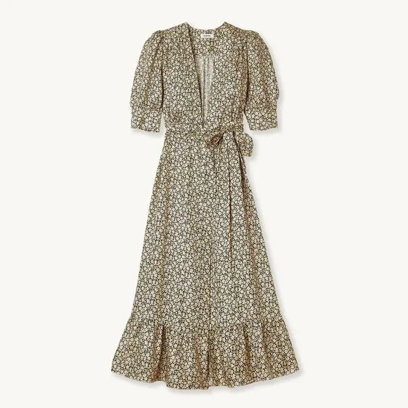 Sandro Enrika Floral Midi Dress Size 38 FR US Size 6 Beige Silk Wrap Dress - Picture 13 of 17